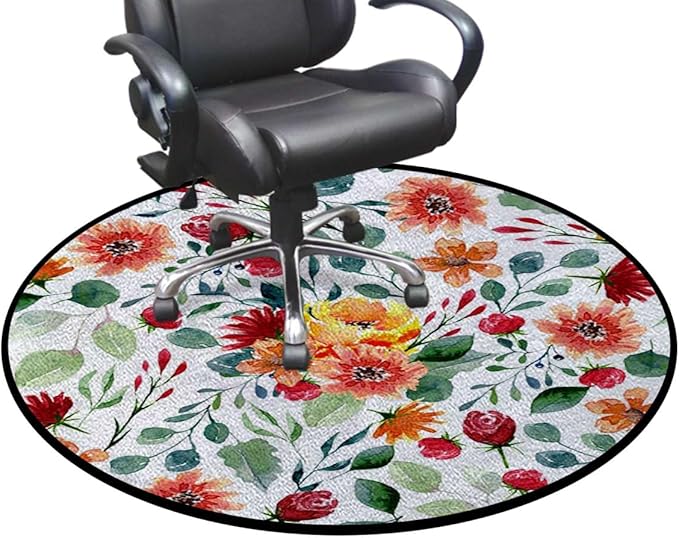 Multicolor Round Rug Nursery Rug for Bedroom Playroom Non Slip Educational Playmat Round Circle Carpet Flowers and Curls on White Background Diameter 59 in