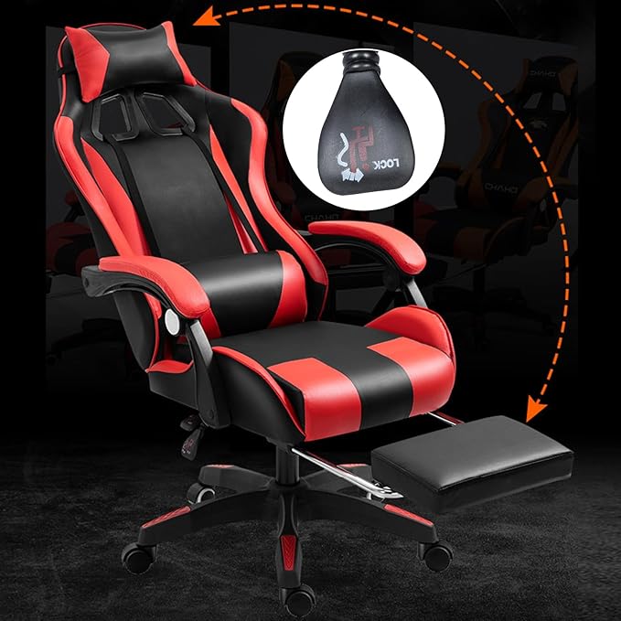 Gaming ChairLED Lights Gaming Chairs for Adults and Kids Ergonomic Computer Chair with Footrest and Massage Lumbar SupportHeight Adjustable PU Leather 360° Swivel Recliner with Headrest Black &amp