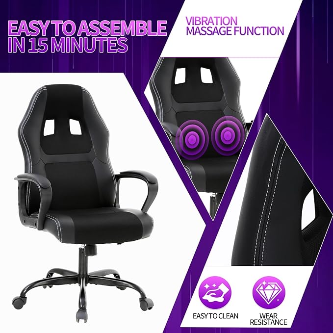 Gaming Chair Office Chair Adjustable Ergonomic High Back Massage Computer Desk Chairs with Lumbar Support PU Leather Racing Chairs Rolling Swivel for Adult &amp TeenBlack