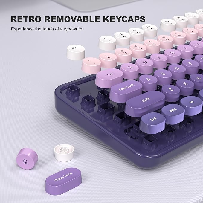 Computer Keyboard Wired Plug and Play USB Retro Round Typewriter Keyboard Full Size Wired Keyboard with Foldable Stands for Laptop and Office PC- Purple Gradient