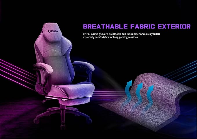Raidmax Advenced DK719 Series Computer-Gaming-Chairs Soft Breathable Fabric XL Size Gaming Chair Heavy Duty Gas Lift and Metal Base Foam Padded Armrest and Retractable Footrest