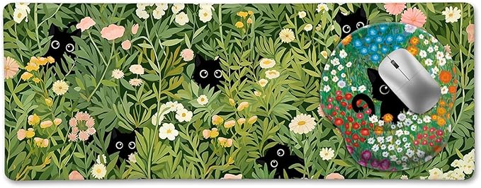 Anime Black Cat Ergonomic Mouse Pad with Wrist Rest Green Desk Mat Pad Keyboard Mouse Pad for Desktop Computer Laptop Work Home Cute Office Desk Accessories