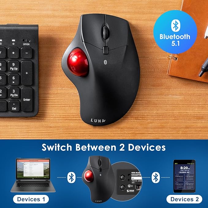 SANWA Bluetooth Wireless Ergonomic Trackball Mouse Optical Rollerball Mice Programmable Silent Buttons 40mm Trackball 600/800/1200/1600 DPI Compatible with MacBook Laptop Windows macOS