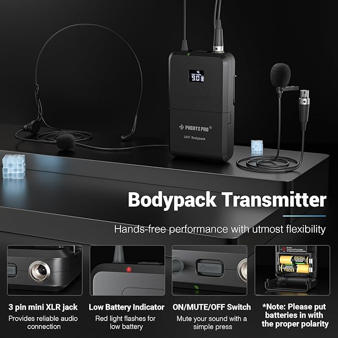 Phenyx Pro 4-Channel Wireless Microphone System w/Auto Scan 4x40 UHF Frequencies 2 Handheld Dynamic Mics 2 Bodypacks &amp Headsets/Lapel Microphones for Singing DJ Church (PTU-7000-2H2B)