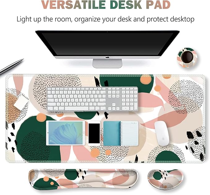 ARTSO Gaming Mouse Pad Wrist Support Set XXL Large Desk Mat Mousepad + Keyboard Wrist Support+ Mouse Wrist Rest+Coaster 4in1 Ergonomic Memory Foam Stitched Edge for Home Office -Abstract Point