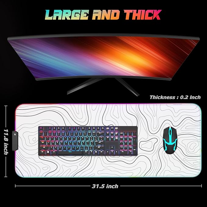 ITNRSIIET RGB Gaming Mouse Pad Full Desk XL Extended Large Gaming Mousepad 12 Lighting Modes 30% Thicker Big LED Desk Mat for Gamers 32 x 12 inches Topographic Contour White