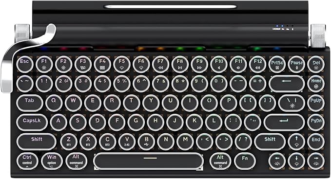7KEYS Typewriter Keyboard Wireless Retro Style Vintage Classical Mechanical Keyboard with Bluetooth for IPAD PC/Laptop Mac/Phone (Black+Wrist)