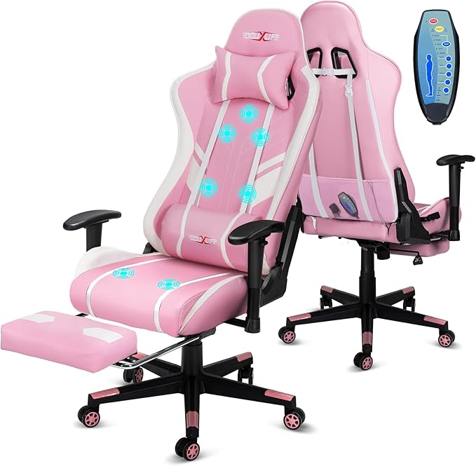 Douxlife 7-Point Massage Gaming Chair with Footrest 400lbs Heavy Duty Ergonomic Computer Chair 175° Reclining High Back Racing Seat for Adults with Adjustable Armrests &amp Lumbar Support Pink