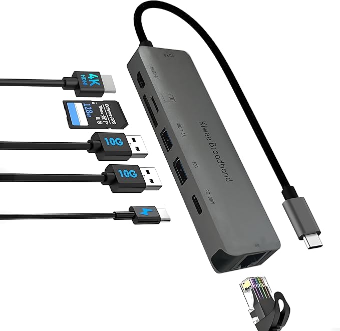 Kiwee Broadband 7-in-1 USB-C Hub with 5Gbps Ethernet 100W PD Charging 4K HDMI 2 USB-A 3.2 Ports SD/MicroSD Card Reader Universal Dock for MacBook Windows Laptop iPad Chromebook (KB-USBC-5GH7)