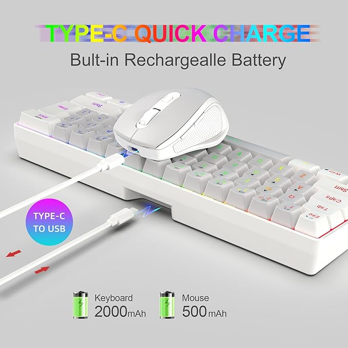 Snpurdiri 2.4G Wireless Gaming Keyboard and Mouse Combo Include Mini 60% Mechanical Feel RGB Backlit Keyboard Ergonomic Vertical Feel Small Wireless Mouse(White and Grey)