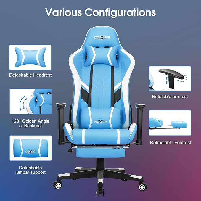 Gaming Chair Massage PC Gaming Chair Office Chair Ergonomic Computer Chair with Rolling Swivel Task Chair Lumbar Support Footrest Headrest Light Blue