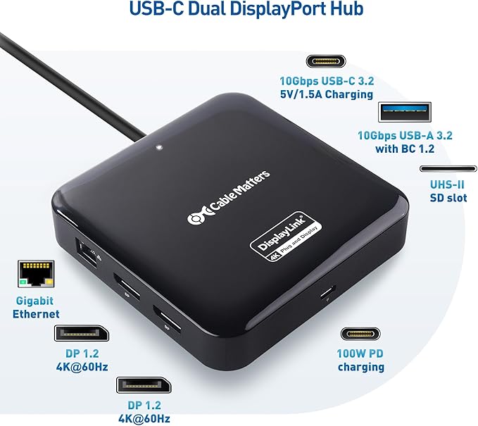 Cable Matters 7-in-1 Dual 4K 60Hz USB C DisplayLink Dock (DisplayLink Docking Station) with 2x DisplayPort Gigabit Ethernet 10Gbps USB SD Reader100W PD for MacBook All M1M2M3M4 Models &amp Win