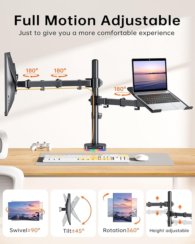 RGB Monitor and Laptop Mount Stand with 3 USB Ports Charging and USB Data Transfer Adjustable laptop stand for 13 to 32 Screen and 11-17” Laptop Holds 18lbs/Arm 75x75/100x100 VESA C-Clamp