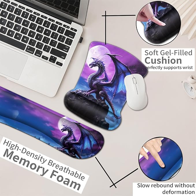 Mouse Pad with Wrist Support Office Easy Typing Games to Relieve Fatigue Non-Slip and Durable Soft Memory Foam Keyboard Wrist Rest Ergonomic Gel Smouse Pad Cartoon Cute Purple Cool Dinosaur