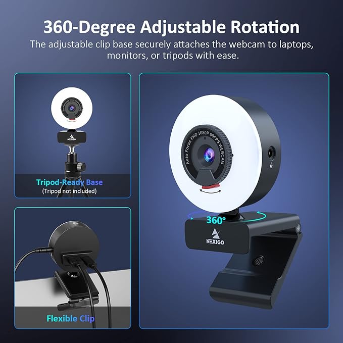 NexiGo N960E Pro 60FPS Webcam with Mic/Headset Jack and Extra USB Port 1080P Web Camera with Light Fast AutoFocus Built-in Privacy Cover for Zoom Meeting Skype Teams Twitch
