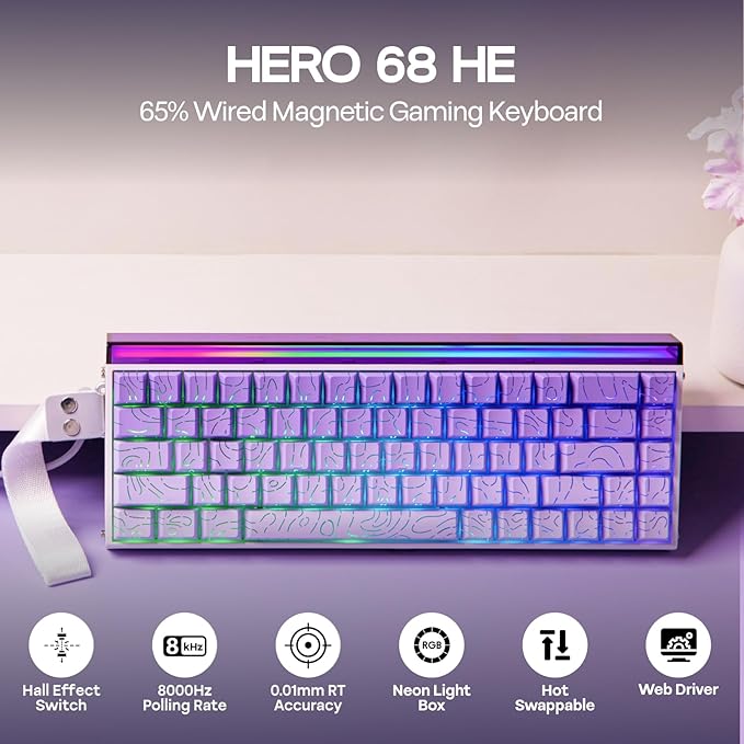 EPOMAKER Aula Hero 68 HE Wired Magnetic Gaming Keyboard 0.01mm Adjustable Actuation Rapid Hall Effect Switch 8kHz Polling 5-Layer Sound Dampening RGB Box &amp Backlight (Purple)