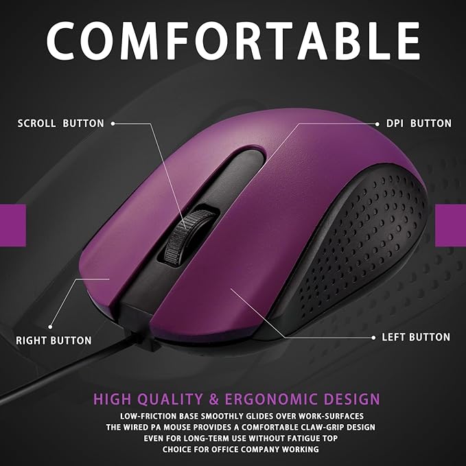 Hoteam 12 Pcs Purple Wired Computer Mouse Bulk Cord USB Computer Mice Ergonomic Wired Mouse for Pcs Computers Laptops Gaming Office Home Supplies