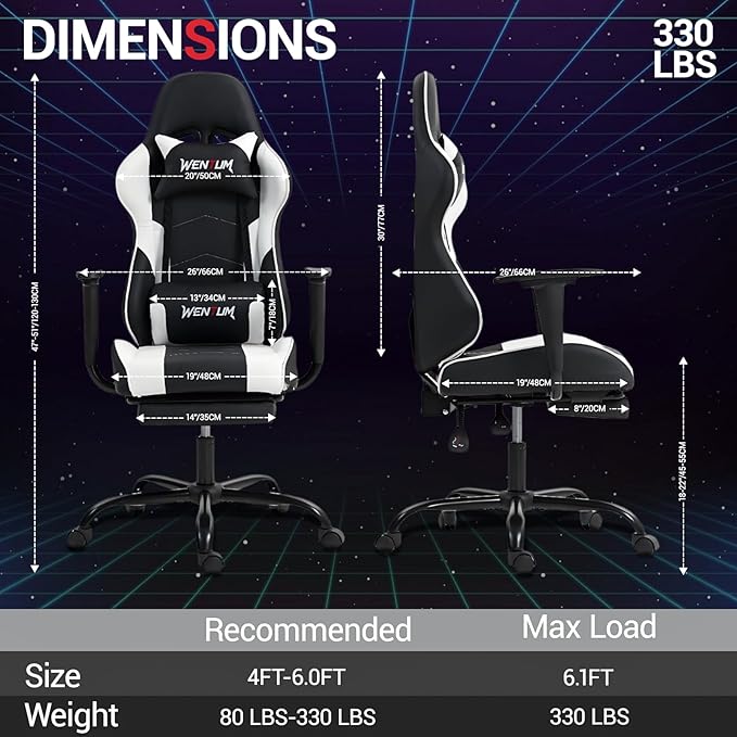 Gaming Chair Video Game Chair with Footrest Massage Computer Chair with PU LeatherLumbar Support for Men Women Home Office Height Adjustale Ernogomic Gaming Chair High Back White