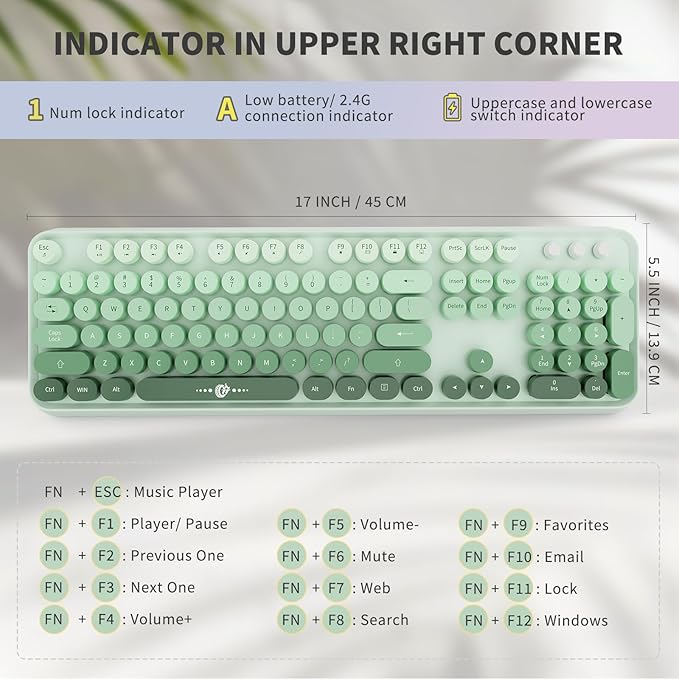 FOPETT Wireless Keyboard and Mouse Combo - 2.4G Full-Sized Cute Colorful Mouse and Keyboard with 104 Round Keys Retro Typewriter Keyboard for Laptop/Windows/PC - Green Gradient
