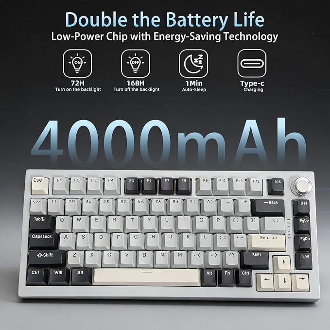 DstoPar Wireless Mechanical Keyboard75% Hot Swappable Gaming Keyboard with Multifunction knobRGB BacklitGasket StructurePBT Keycaps Bluetooth5.0/Type-C/2.4GK81 Mechanical Keyboard（Iceland Blue）