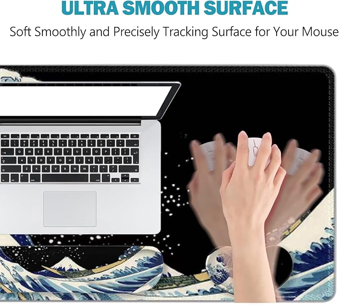 ToLuLu Extended Gaming Mouse Pad Memory Foam Ergonomic Keyboard Mouse Wrist Rest Support Set Large Desk Mat with Stitched Edges Non-Slip Base Mousepad for Home Office Game Study Wave of Kanagawa