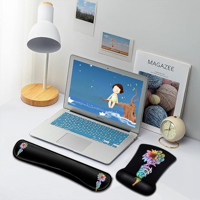 Ergonomic Mouse Pad and Keyboard Wrist Rest Set - Memory Foam Support Non-Slip PU Base Skulls &amp Sunflowers Black Gaming Design