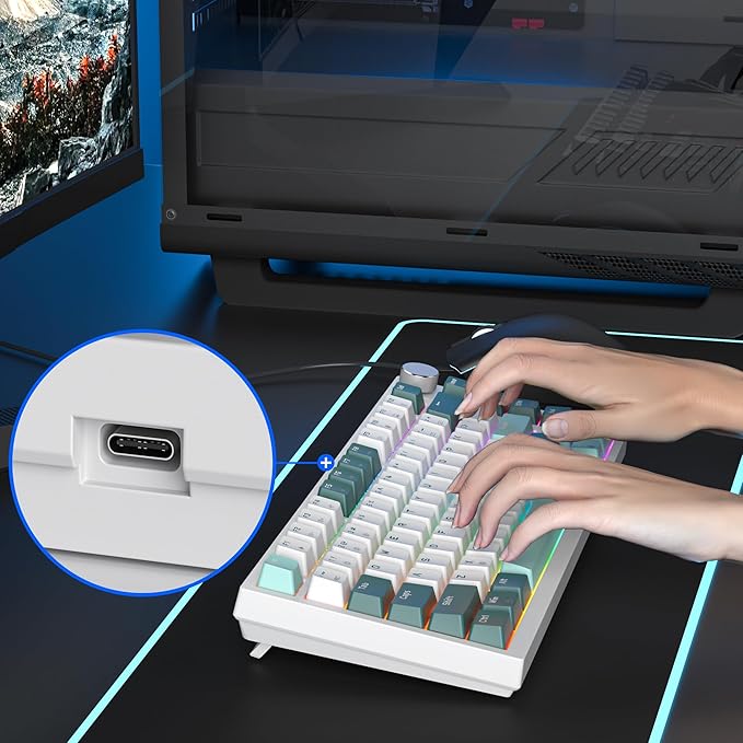 Owpkeenthy 75 Percent Gaming Keyboard Gasket Mounted 82 Key Wired Mechanical Keyboard Hot Swappable with Knob Linear Red Switch RGB Backlit for PC Laptop (Forest)
