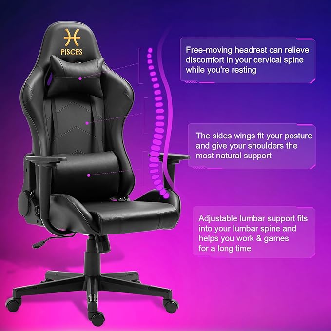 DIKEP Gaming Chair with Headrest and Lumbar Support Height Adjustable Swivel Office Chair High-Back Recliner Black