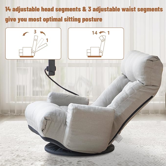 360° Swivel Floor Gaming Chair Linen Folding Lounge Sofa Chair with Adjustable Head and Waist Armrests &amp Phone Holder Padded Cushion Leisure Chairs for Living Room Bedroom (Grey)