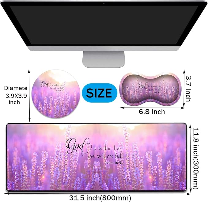 Desk Pad Gaming Mouse Pad + Wrist Rest Support Pad + Coaster 31.5'' × 11.8'' Durable Non-Slip Extended Computer Mouse Pad Suitable for Office and Home Quote Bible Verse Psalm 46:5
