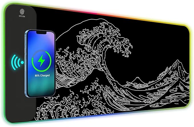 ToLuLu RGB Wireless Charging Gaming Mouse Pad 7.5/10/15W 10 Light Modes LED Mouse Pad Computer Keyboard Mat Mousepad 800x300x4MM Extended Large Desk Pad Mat Japanese Kanagawa Sea Wave Black White