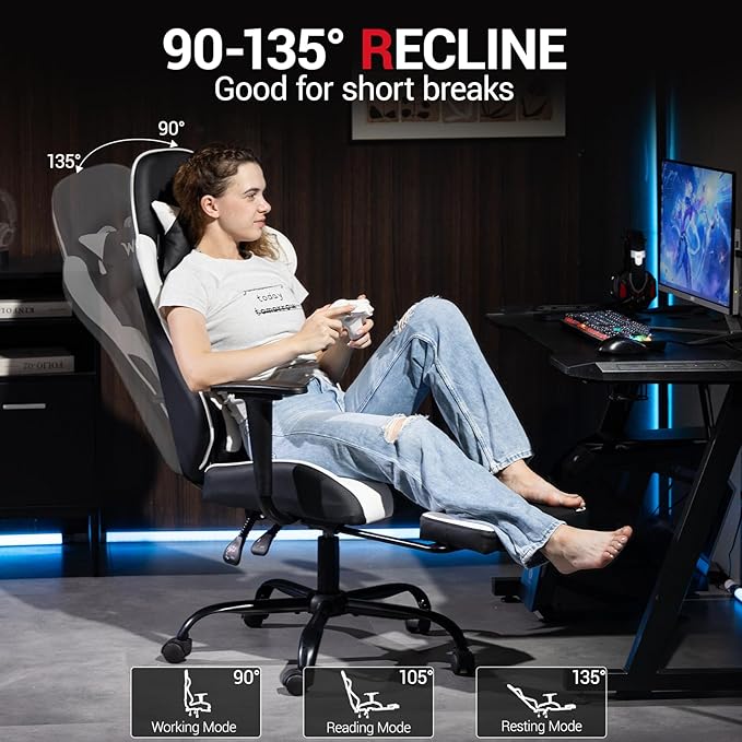 Gaming Chair Video Game Chair with Footrest Massage Computer Chair with PU LeatherLumbar Support for Men Women Home Office Height Adjustale Ernogomic Gaming Chair High Back White