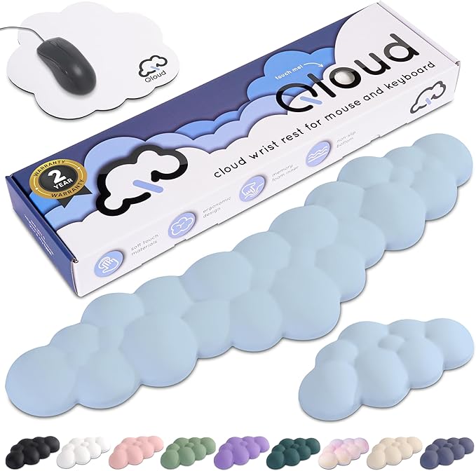 Qloud Cloud Wrist Rest Keyboard Wrist Rest for Computer Keyboard Pad Cloud Keyboard Wrist Rest Wrist Pad for Keyboard Memory Foam Non Slip Base Comes with Mouse Pad - Light Blue