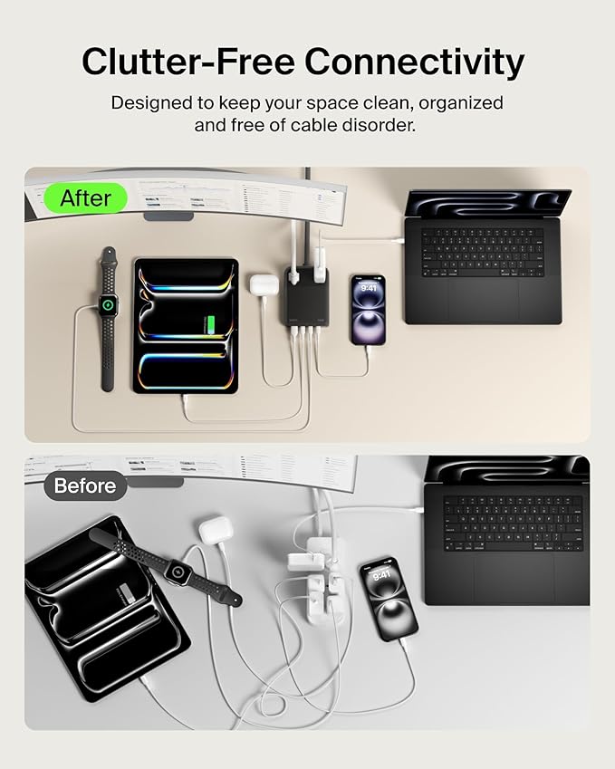 Belkin 2-Outlet GaN Charging Station 140W USB C Charger w/ 2X AC Outlets 3X USB C Ports and 1x USB A Port - Power Strip for iPhone Apple Watch iPad MacBook Chromebook Galaxy Pixel &amp More