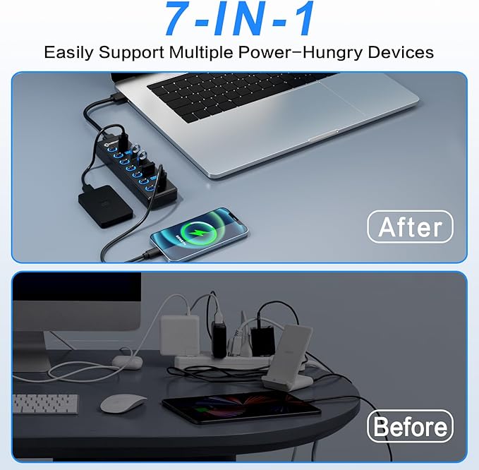 7-Port USB 3.2 Hub Data USB Hub Splitter with Individual On/Off Switches and Lights Compatible with Laptop PC MacBook Mac Pro Mac mini iMac Surface Pro and More
