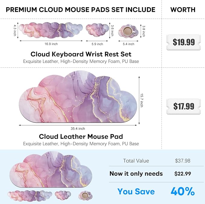 JIKIOU Large Cloud Mouse Pad Waterproof with Cloud Keyboard Wrist Pad and Cloud Mouse Wrist Pad Set Ergonomic Computer Desk Wrist Support Mousepad for Keyboard and Mouse 35.4x15.7in Marble Pink