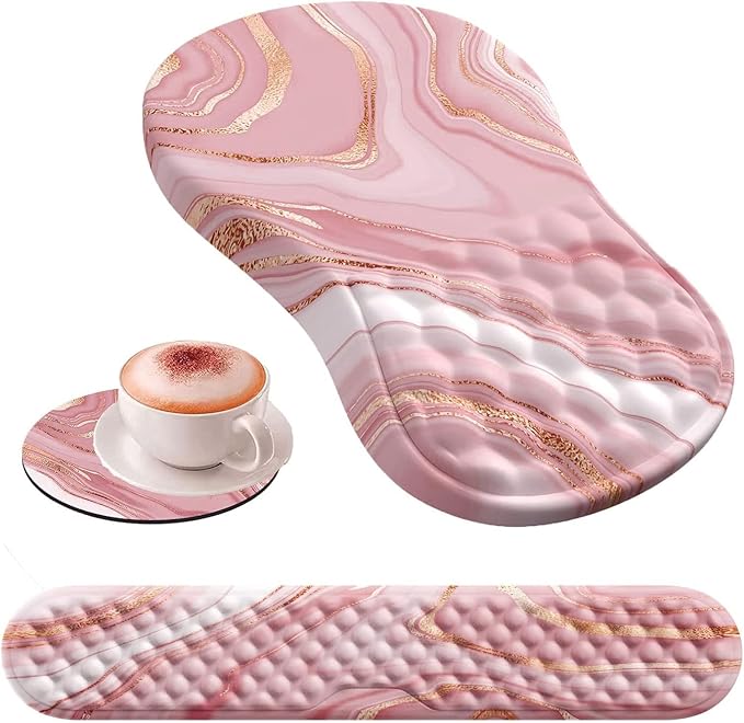 HAOCOO Keyboard Wrist Rest Ergonomic Mouse Pad with Wrist Rest 3 in 1 Keyboard and Mouse pad with Coaster Set Memory Foam Wrist Support Non-Slip PU Base for Home Office Rose Gold Pink