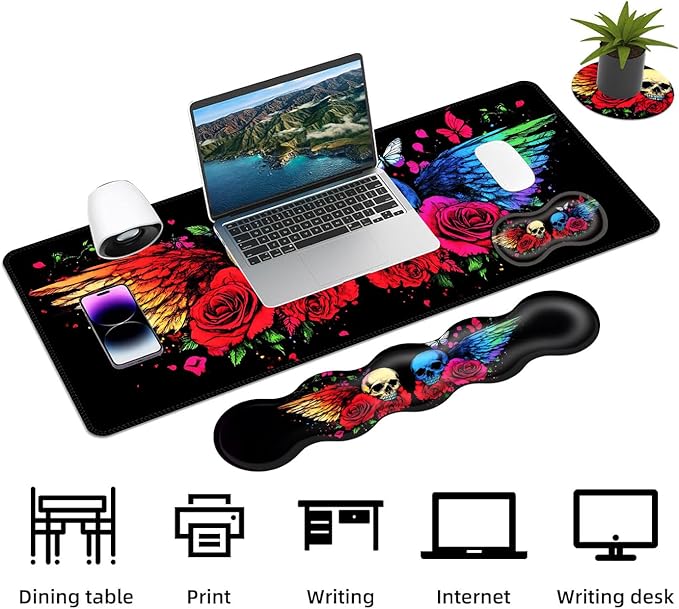 Keyboard Mouse Pad Set Extended Gaming Mouse Pad+Ergonomics Keyboard Wrist Rest Support Memory Foam Easy Typing Pain Relief 4Pcs XL Ultra Thick Desk MatRainbow Skulls Wings Roses