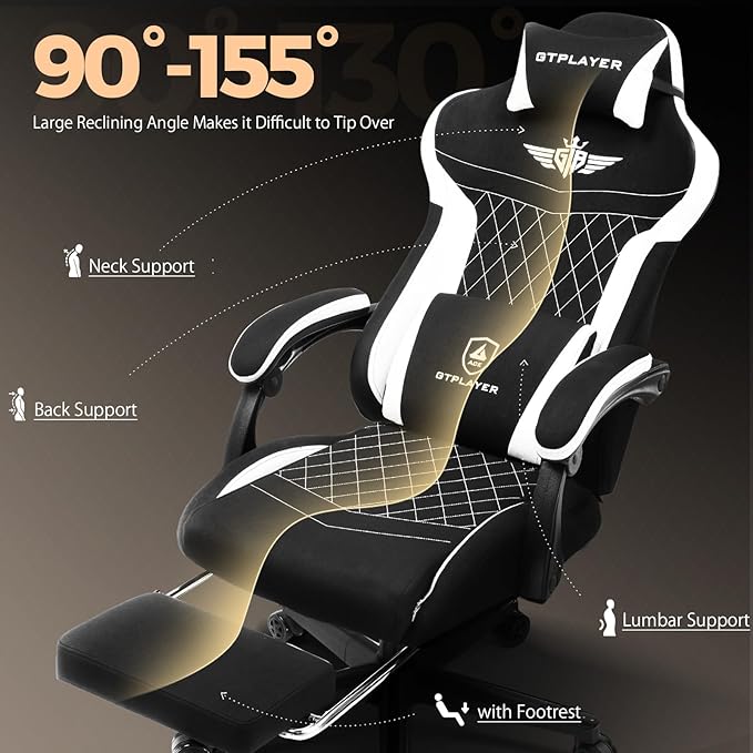 GTPLAYER Gaming Chair with Footrest Big and Tall Game Chair High Back Computer Office Chair with Lumbar Support for Adults Ergonomic Swivel Games Chair with Cushion Gaming Fabric Black