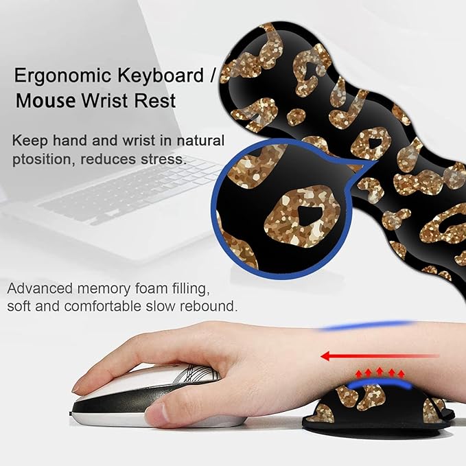 Gold Leopard Desk Pad Set - Extended Gaming Mouse Pad+ Ergonomics Memory Foam Wrist Rest Support 31.5x11.8in Waterproof Large Mouse Pad for Home Office Black XXL Mouse Mat
