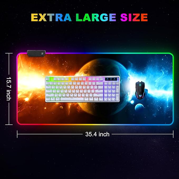 ARTSO RGB Gaming Mouse Pad Large Extended LED Mouse Mat XXL 35.4x15.7 inch 14 Lighting Modes 2 Brightness Non-Slip Rubber Base Mousepad Waterproof Keyboard MatUniverse Space Starry Sky