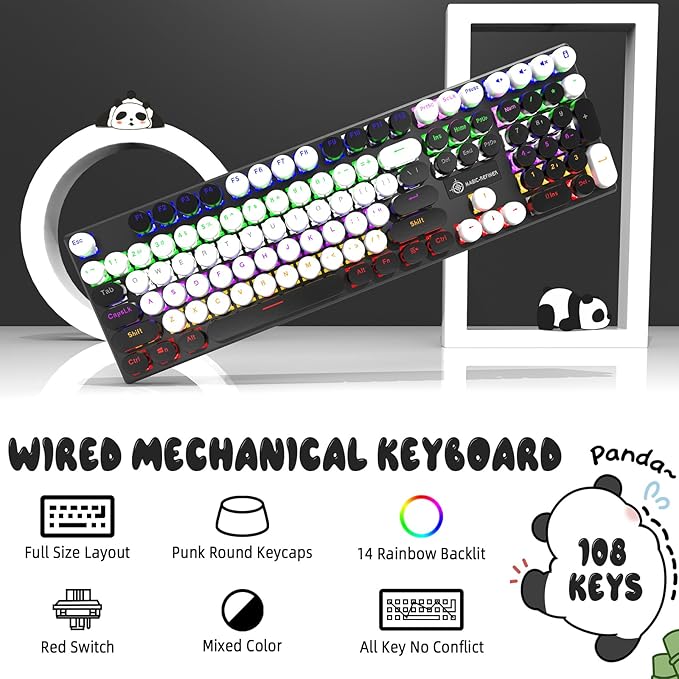 Typewriter Style Retro Wired Mechanical Gaming KeyboardVintage Steampunk Keyboard with Rainbow Backlit104-Key Red Switch Cute Keyboard with Number PadRound Keycaps Computer Keyboard for Win/Mac