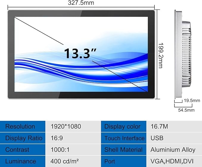 GreenTouch 13.3 Inch Industrial Embedded Capacitive Touchscreen Monitor Open Frame Multi-Touch Screen Industrial Front IP65 Monitor - HDMI+VGA+DVI - 1920 * 1080 Resolution