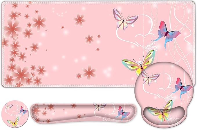 Peach Pink Butterflies Florals Mouse Pad XXL Large Desk Mat Extended Reading Desk pad 4 PCS Non-Slip Rubber Base Computer Big Mousepads for Work Game Office Home Decor Cute Girls Woemn Gifts