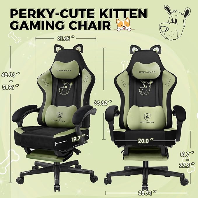 Gaming Chair Cute with Cat Ears Ergonomic Computer Chair with Dog Embroidery Adjustable Memory Foam Lumbar Support and Headrest Comfortable Reclining Office Chair for Girls Teens Women