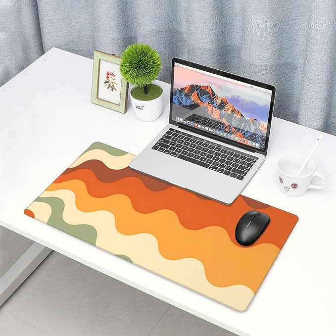 Brown Beige White Wave Desk Cover MatExtended Large Mouse PadComputer Laptop Mat Desk Decor for Office Game Home 30x16 Inch