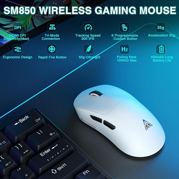 SOLAKAKA SM850 - Wireless Gaming Mouse - Programmable Buttons24000 DPI Adjustable Lightweight Ergonomic Computer Wireless Mouse BT5.1/2.4G/Wired PC Gaming &amp Office Mice for Win/Mac/Linux