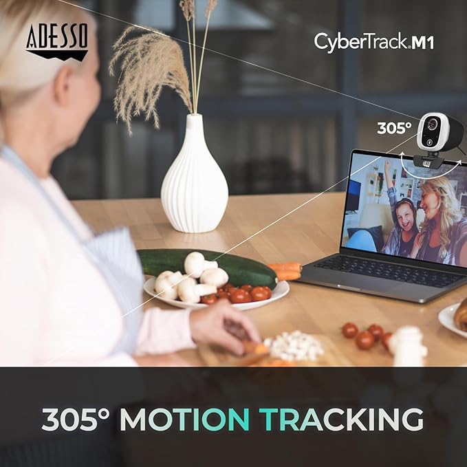 Adesso Motion Tracking 1080P Web Camera CyberTrack M1 H.264 Fixed Focus USB Webcam with 305° Auto Tracking Built-in Microphone and Tripod Mount