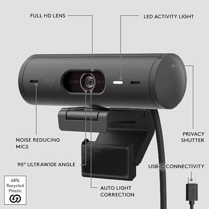 Logitech Brio 501 Full HD Webcam with Auto Light Correction Show Mode Noise Reduction Mics Privacy Cover Works with Microsoft Teams Google Meet Zoom Nintendo Switch 2 New GameChat Mode - Black