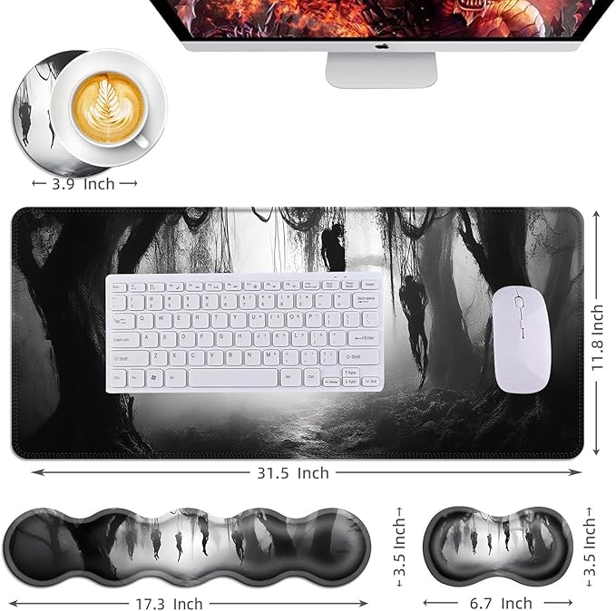 Mouse PadLarge Desk Mat Set 4in1 XL Mousepad + Keyboard Wrist Rest+Mouse Wrist Rest+Coaster with Ergonomic Desk Pad for Home Office Table Computer Cover -Mystical Dark Forest Scene